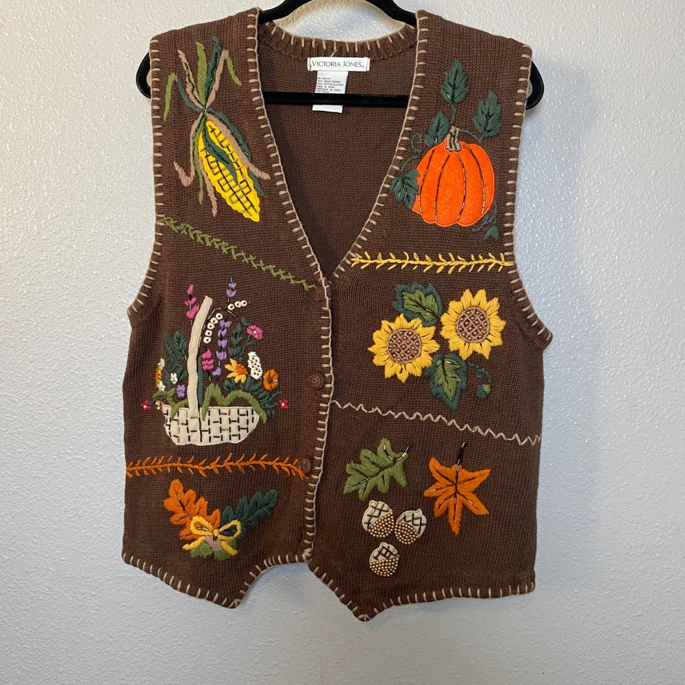 Vintage Fall Novelty Knitted Vest Large Autumn Halloween Thanksgiving Embroidery